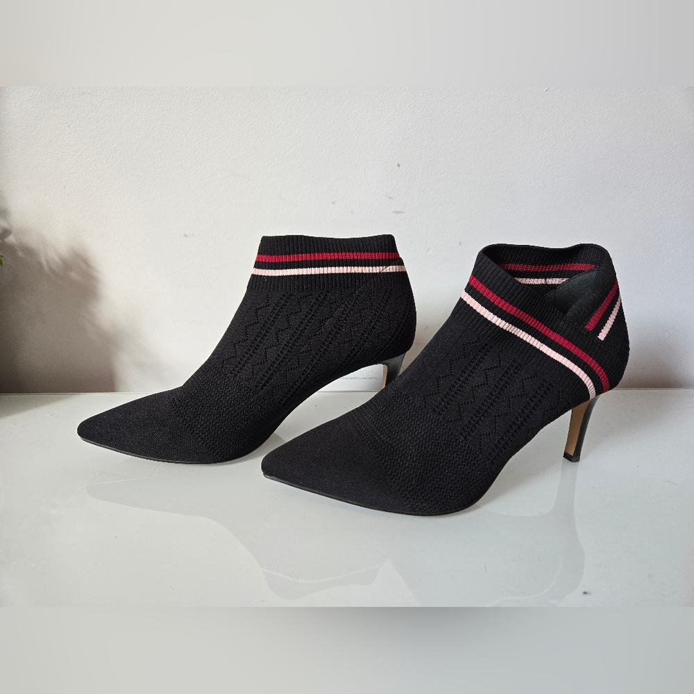 Avec Les Filles Black Knit Heeled Boots with Red and Pink Stripes. Size 9M